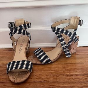 Sole Society cork block heel sandals in Indigo/white Denim - Size 7